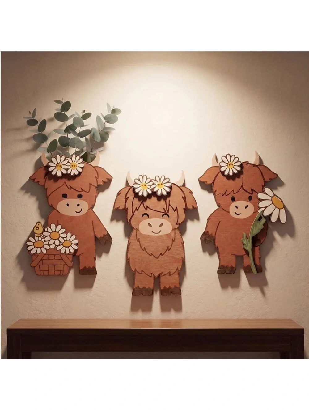 Wooden Highland Cow Wall Decor Trio
